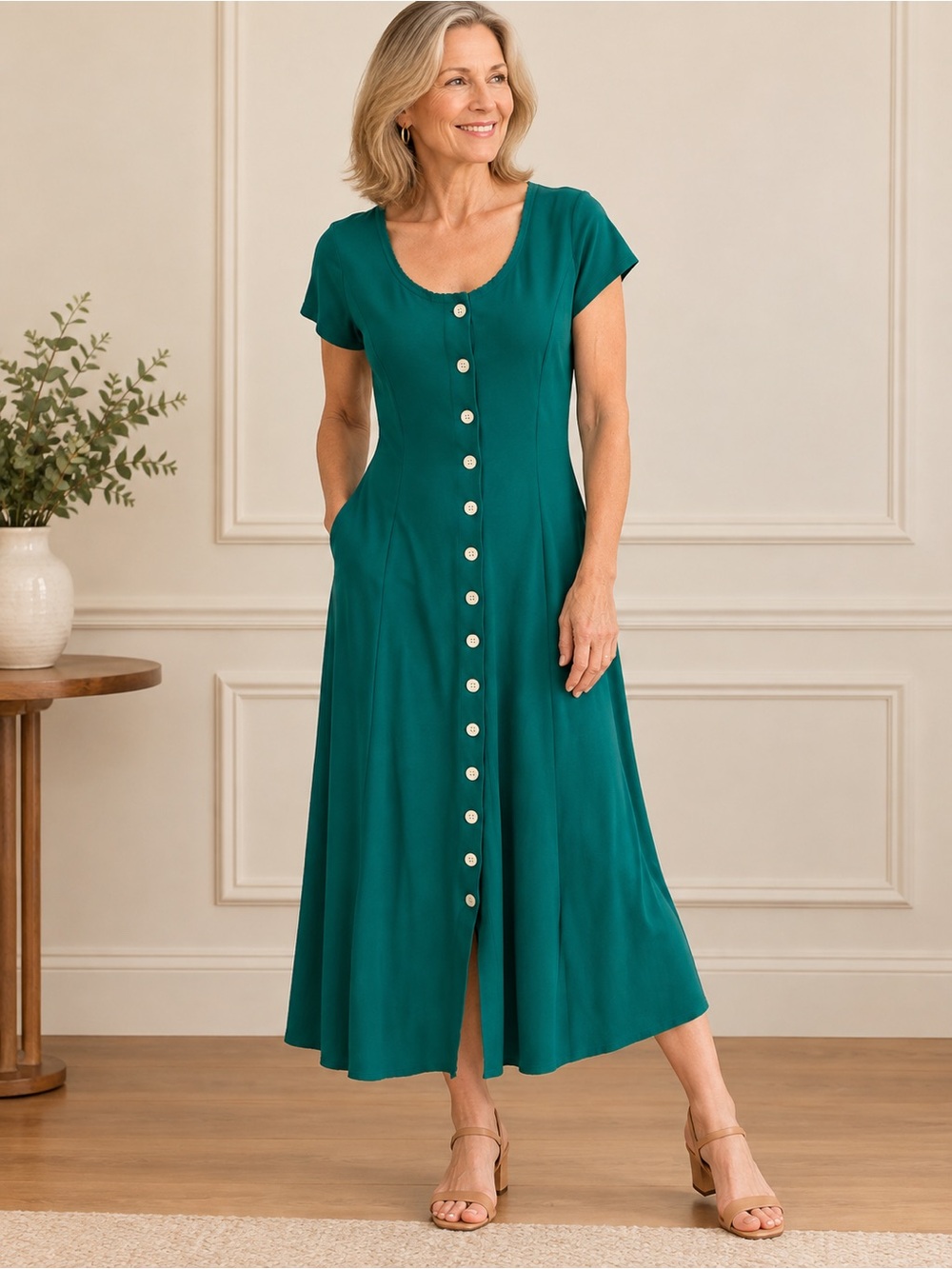 Fads Vintage Teal Green Button Front Midi Dress Size M